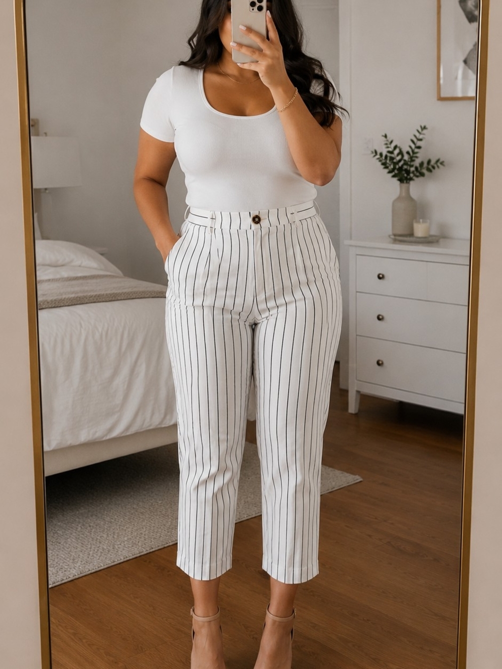 Anne Klein White Cropped Stretchy Pinstripe Ankle Pants Size 10